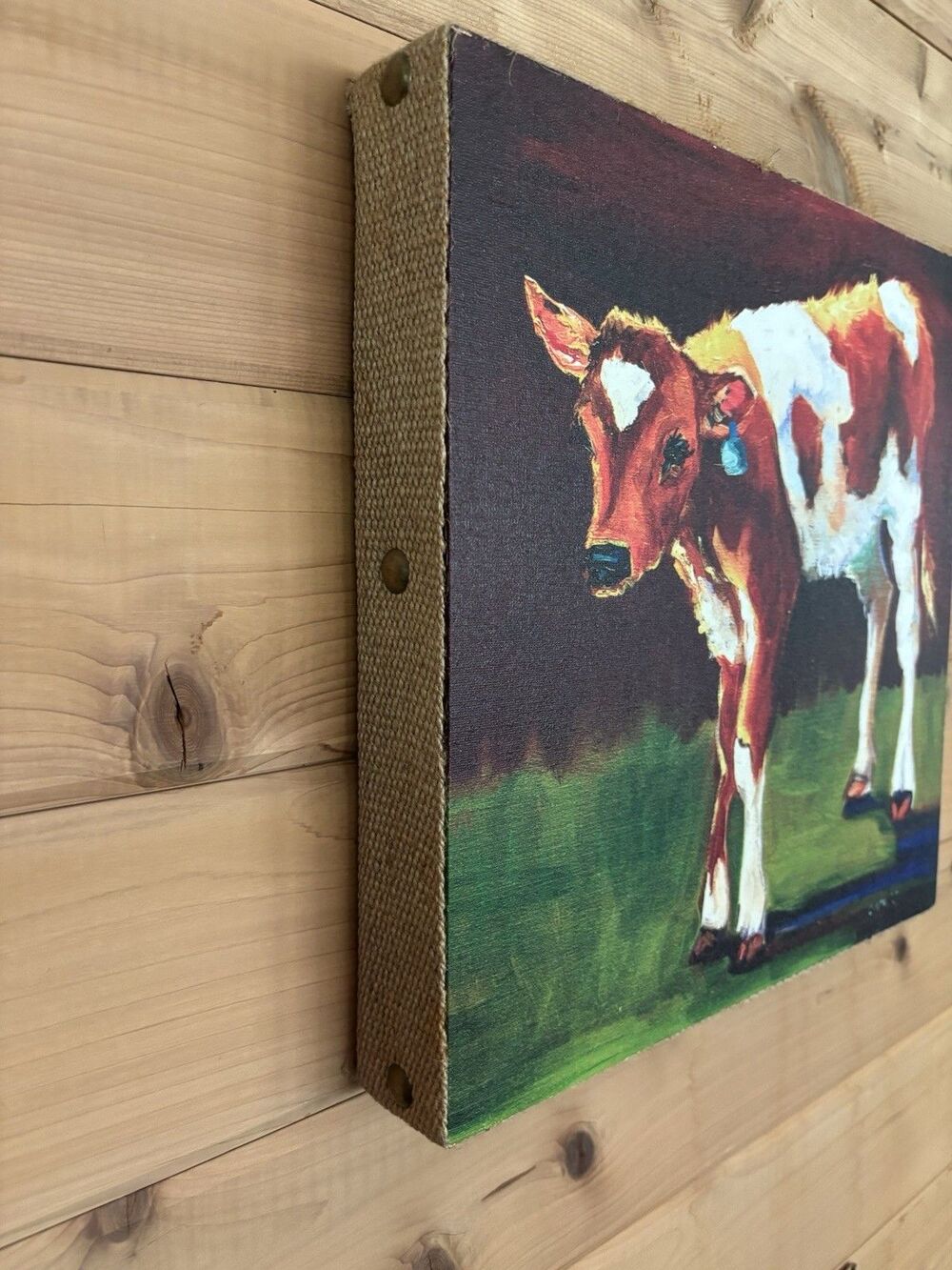 Signed Diane Whiiehead Cow Calf Oil Print Burlap & Stud Framing Western Artwork - Picture 2 of 4